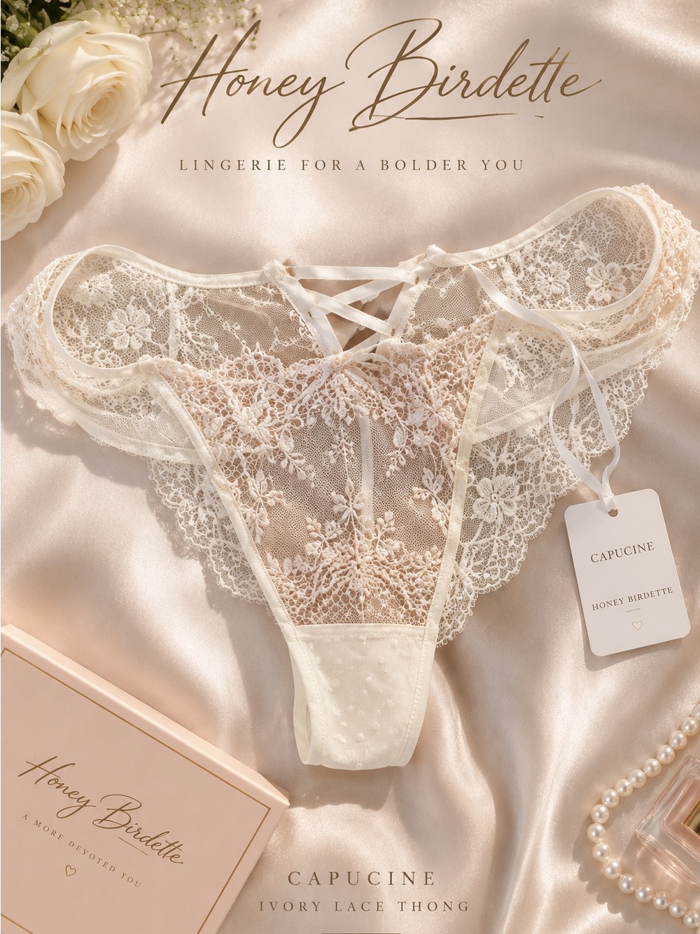 Honey Birdette Capucine Ivory Lace Up Thong XL NWT